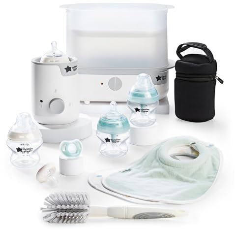 Tommee Tippee Complete Feeding Set, Electric Steam Steriliser with Insulated Bottle Bag, Newborn Self-Sterilising Baby Bottles and Easiwarm Bottle Warmer, White