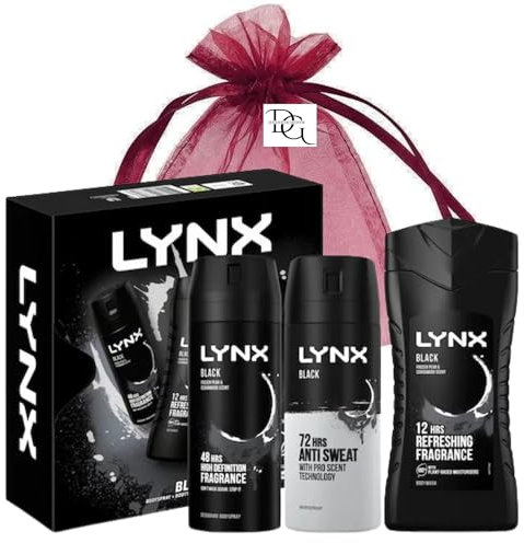 Herren Hautpflege-Bundle mit Lynx Schwarz Trio-Geschenkset für Männer Körperwäsche, Körperspray und Anti-Transpirant mit Deluxio Gifts Geschenkbeutel