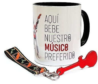 REGALOS ORIGINALES PARA MÚSICOS: Set de Taza personalizada + llavero en forma de correa de guitarra + abrebotellas en forma de guitarra