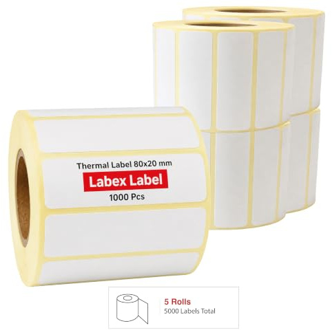 Thermoetiketten 80x20 mm auf Rolle – Regaletiketten Dauerbetrieb – 5 Rollen 5000 Etiketten – Thermodirekt ohne Farbband – kompatibel mit Zebra, TSC, Godex – Labex Label