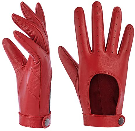 Harssidanzar Damen Leder Handschuhe, Touchscreen ungefüttert, dünne Lederhandschuhe aus Schaffell KL021EU,Rot,Größe XS