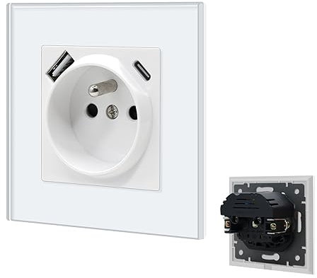 BSEED Prise Murale USB C,Prises Electriques Standard avec des griffes,Multiprise Murale avec USB Max 2.1A,16A Prise de Courant Alternatif,Convient Ipad,Smartphone(1 Prise avec USB et Type C,Blanc)