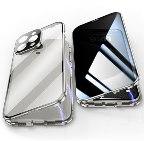 Jonwelsy Anti Peeping Case for iPhone 15 Pro Max (6.7), 360° Front and Back Privacy Tempered Glass Cover, Magnetic Bumper for 15 Pro Max (Silver)