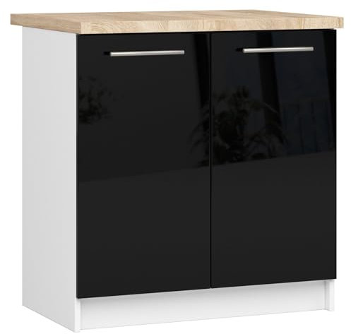 AKORD | Küchenschrank mit Arbeitsplatte - Oliwia S80 | Küchenunterschrank mit 2 Türen und 2 Einlegeböden | Unterschrank Küche 80 cm Breit | ABS-Kante 18 mm | 46 x 80 x 85 cm | Weiß | Schwarz Glanz