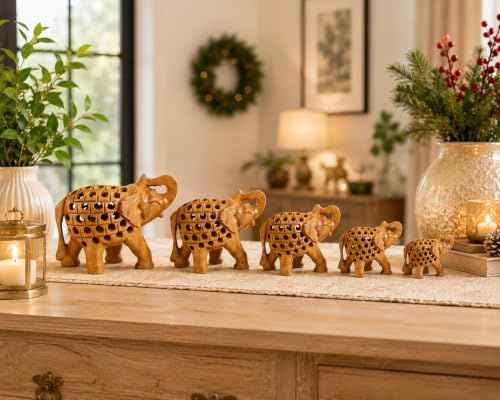 Yepsio Holz Set von 5 handgeschnitzten Elefanten Set Figur Deko Zuhause Geschenk Weihnachten