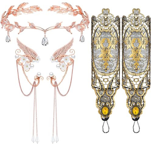 Otuuz Elfen Kostüm Accessoires für Damen Elfen Ohrringe Tiara und Handstulpen Elfenkrone Schmuck Strass Blätter Krone Elfen Ohrclips Armstulpen für Hochzeit Braut Fee Kostüm Cosplay