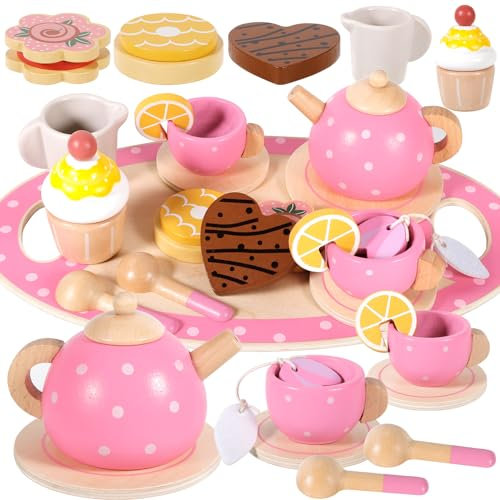 ZHHGOO Services à Thé en Bois,Service à Thé Jouets Montessori,Dînette Enfant Accessoire Jeux de Cuisine,Jouet de Cuisine en Bois Faisant Semblant pour Enfants Filles 3 4 5 6 7 Ans,Rose