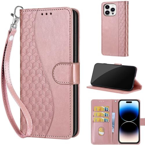 KENHONER Phone Case for iPhone 14 Pro Case, with Card Slots Kickstand Magnetic Closure Shockproof Protective Wallte Cover compatible iPhone 14 Pro Cube-Rose Gold