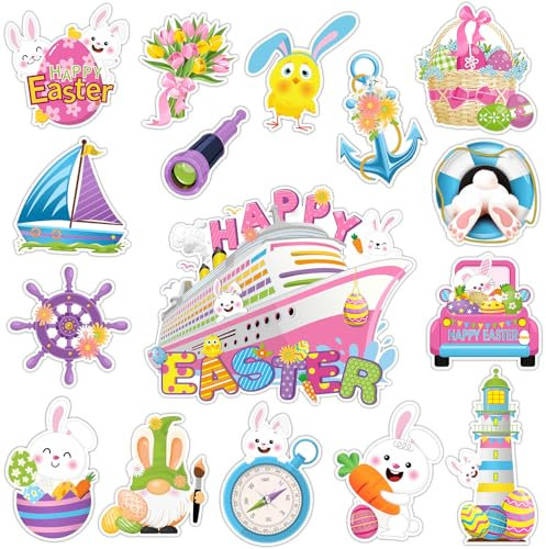 Capoda 16 Pcs Happy Easter Cruise Door Magnets Decorations Ship Car Refrigerator Stickers Bunny Eggs Chicks Door Fridge Magnet for Easter Home Cruise Car Party Supplies