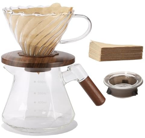 Lalord Pour Over Coffee Maker, 600 ml Borosilicate Glass Set with 100 pcs Size 02 Paper Filter, Walnut Collar & Glass Lid, Drip Coffee Maker, 1-3 Cups, Clear