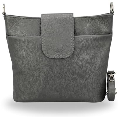 BRISE Umhängetasche Damen Echtes Leder ELLIE Handgemachte Crossbody Bag mit Ledergurt 6 Fächer Wasserdichte Schultertasche Made in Italy (Dunkelgrau - 1)