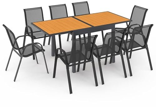 IDMarket - Gartenmöbel, Poly, ausziehbar, Tisch 90 – 180 cm und 8 Stühle, Holz und Anthrazitgrau