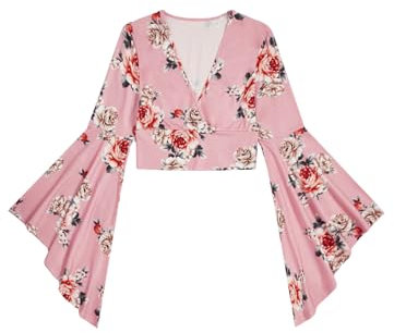 Floerns Chemisier cache-cœur à manches longues et col en V pour femme, rose pastel, Taille XL