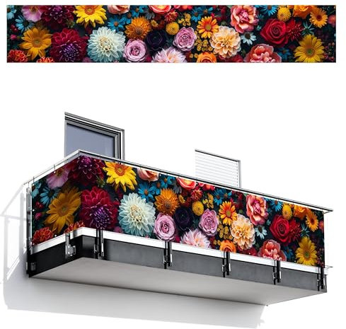 MuchoWow© Balkon Sichtschutz Einseitig 90x500 cm Groß PVC Seitenwand Terrassen für den Garten ohne Bohren Wetterfest Seitlich Zaun Terrasse Balkon Dekoration Blumen - Bunt - Natur