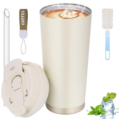 Hejo Thermobecher Kaffee to go Becher, Kaffeebecher mit Strohhalm aus Edelsthal, 530 ml Auslaufsicherer Isolierbecher mit Deckel, Doppelwandiger Reisebecher für Heiße&Kalte Getränke (Beige)