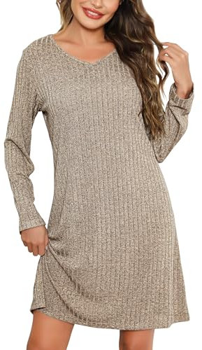 Lovasy Camicia da Notte Donna Inverno Camicia da Notte a Maniche Lunghe in Maglia a Coste Sottoveste Caldo con Scollo a V Morbido Pigiama Lungo Vestaglie per Casa e Casuale,A Cachi,XL