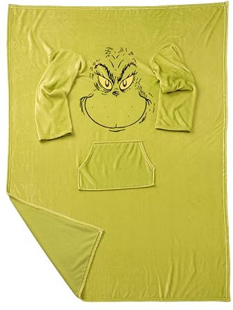 United Labels Grinch Decke mit Ärmeln, Grün, Flauschige Kuscheldecke 130x170 cm, Ärmeldecke mit Bauchtasche, TV Decke