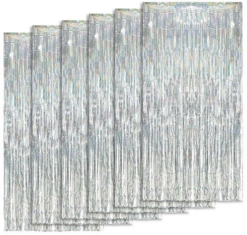 KOOSREEL 6PCS Metall Lametta Vorhänge (1 x 2 m), Glitzervorhang Lametta, Glitzer Party Vorhang, Dekoration aus Glitzerfolie für Hochzeitsfeier, Vorhänge mit Fransen, aus Aluminium, Silber