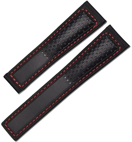 KGFCE Echtes Lederarmband 22 mm für Tag Heuer F1 Armband, rote Nähte, Armbanduhren, Faltschließe, Lederarmband(Black red no)