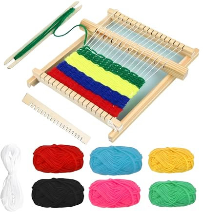 BAPPKON Holz Kinder Webrahmen Set, 16,5 x 21 cm Webrahmen für Kinder Anfänger, verstellbare Handstrickmaschine, inkl Webschiffchen, Webkamm mit Zubehör, mit Garnen, zum Weben & Gestalten