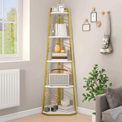 DWVO Scaffale angolare a 5 ripiani, libreria angolare con telaio in metallo, libreria industriale a scala da pavimento, scaffale alto per soggiorno, cucina, camera da letto, scaffali per libri oro e