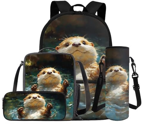 COEQINE Niedlicher Tier-Rucksack für Mädchen, 6, 8, 10, Kinder, Schul-Büchertasche mit Lunchbox, Federmäppchen, Wasserflaschenhalter, Set, 4-in-1, Niedliches Otter-Tier