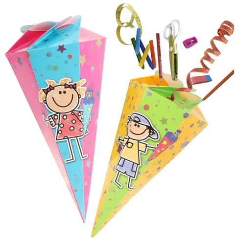 com-four® 2X Schultüte 30cm - Geschwisterschultüten aus Pappe - Faltbare Zuckertüte für die Einschulung zum Schulanfang - Geschenkverpackung für Schulanfänger
