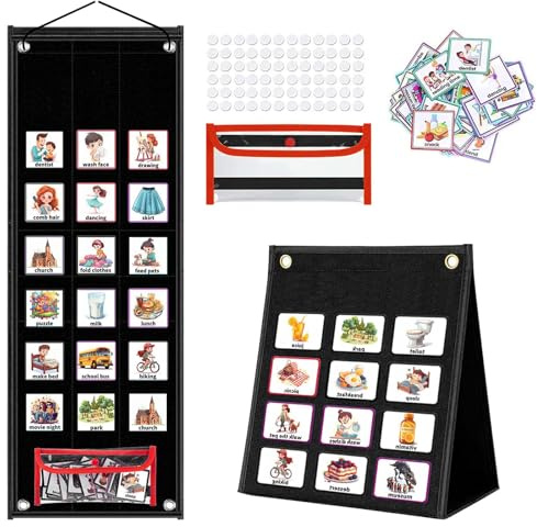 Visual Timetable, Children Visual Daily Routine Chart with 96 Picture Cards, Visual Now and Next Board Learning Aid Tool to Support Communication, Routine and Transition(Black)