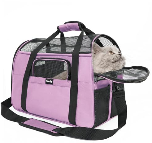 Zavothy Transportín para Gato y Perro, Transportín Respirant y Plegable, Caja de Transporte para Gato con Correa Ajustable, Colchón de Peluche Desmontable (Morado, M)