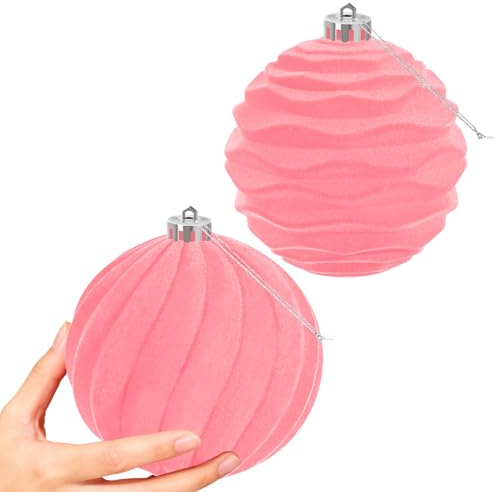 Miaikoe 2 PCS Large Velvet Christmas Balls Ornaments Shatterproof Hanging Set Flocked for Xmas Tree Holiday Party Decorations (Pink,15 CM)