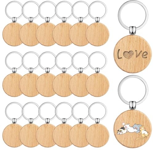 Lunza 40 Pièces Porte-Clés en Bois Vierge, 4cm Porte Clef Personnalisable | Épaisseur 0,7cm, Porte-Clés Ronds, Porte Clé Bois Vierges, pour DIY Sculpture, Peinture, Décoration, Cadeaux