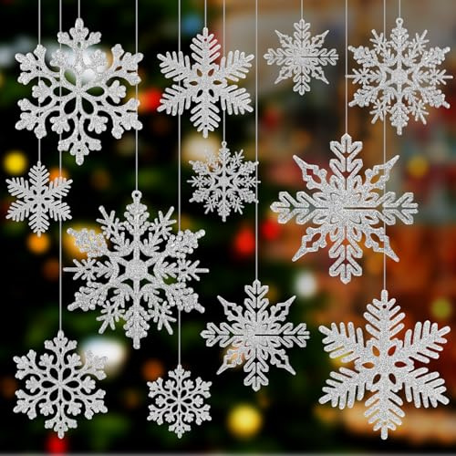 CHRORINE 52 Pack Silver Glitter Snowflake Ornaments Snow Flakes Decorating Christmas Ornaments for Christmas Tree Decorations Window Door Accessories New Year Party Decorations