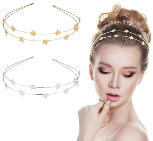 Stern Haarreifen Doppelreihig Stirnband 2 Stücke Haarband Damen Metall Hair | Haarreifen Glitzer Haarschmuck Kopfbedeckung Haarreif Sterne für Frauen Party Mädchen Braut Brautjungfern