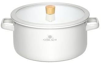 Gerlach 1760 Topf Kochtopf - 24 cm 5 L Emaille - Alle Herdarten - Deckel aus gehärtetem Glas - Weiß Natur Enamel