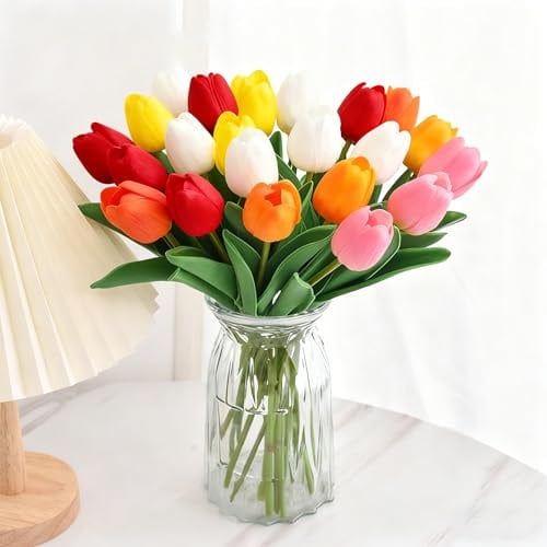 Probuk 20 Stück Bunte Künstliche Tulpen Strauß - Vollständige Blumensprache (4 Orange, 4 Weiß, 4 Rot, 4 Rosa, 4 Gelb), Farbenfrohes Tulpenfest der Gefühle, Kunstblumen Deko für Zuhause, Büro & Feiern