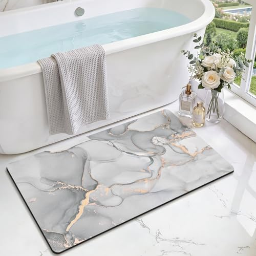 DEXI Bath Mat, Non Slip and Quick Dry, 60 x 110 cm, Light Grey | Rubber Backing, Absorbent, Ultra Thin, Low Profile, Bathroom, Shower, Bathtub, Sink Areas