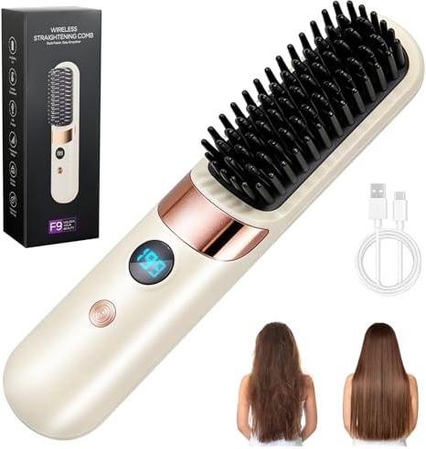 KutaKuta Cepillo Alisador Pelo, Lones Negativos Antiencrespamiento Cerámica Cepillo Alisador De Pelo, 4 Temperaturas Con Pantalla LED, Portátil Cepillo Plancha Pelos para el Pelos Corto