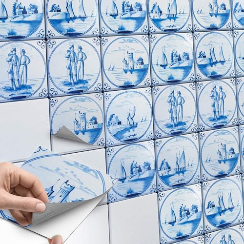 Fliesensticker Mosaikfliesen für Küche u. Bad Deko I Selbstklebende Fliesenbilder - Dekorative Fliesenfolie für Küchenrückwand und Fliesenspiegel I 10x10 cm - Motiv Holländische Fliese - 9 Stück