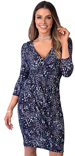 KRISP Cross Over Printed Midi Dress (Navy, 10), 4273-NVY-10