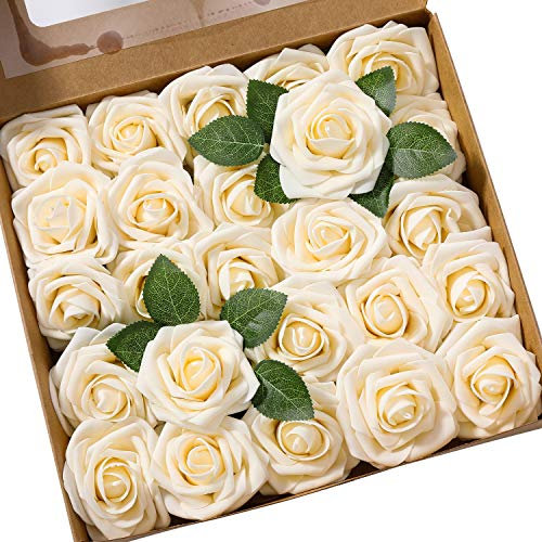 Künstliche Rosen Blumen Schaumrosen Foamrosen Kunstblumen Rosenköpfe Gefälschte Kunstrose Rose DIY Hochzeit Blumensträuße Braut Zuhause Dekoration (25 Stück, Champagner)