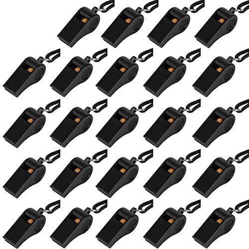 Whistle, Plastic Whistle with Lanyard, Loud Clear Black Whistles Bulk Great for Coaches, Referees, and Officials (24PCS)