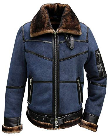 Herren Lammfelljacke B16 Blau Fliegerjacke Pilotenjacke U.S. Air Winterjacke echtes Merino Schaffell Lederjacke Felljacke Fashion Jacke Größe 4XL