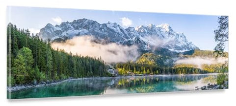 Bergpanorama Leinwand - Eibsee, Zugspitze - als 150x50cm großes XXL Leinwandbild. Wandbild als Hintergrund und Deko für Wohnzimmer & Schlafzimmer. Aufgespannt auf Holzrahmen