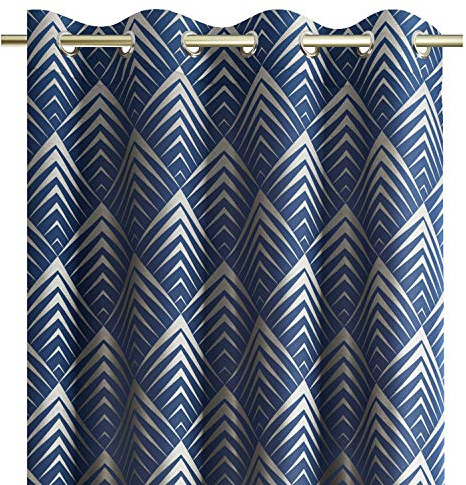 AmeliaHome Vorhang 140x250 cm Ösenschal metallic Muster Fensterdekoration Dekoschal Dekorvorhang Piramides Dunkelblau