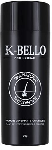 Poudre densifiante cheveux Kératine Naturelle & Végan K-Bello – Masque calvitie, alopécie, perte de cheveux & racines blanches – Fibres capillaire pour hommes et femmes (Flacon 30g, Noir)