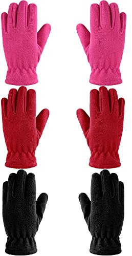 Geyoga 3 Paar Kinder Vlies Handschuhe Vollfinger Fäustlinge für Jungen Mädchen (Rosenrot, Schwarz, Rot, M (8-12 Jahre))