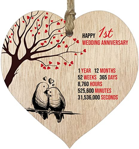 1st Wedding Anniversary Wooden Heart Plaque, Light Wood Sign Keepsake, Celebrate Paper Anniversary Wife Husband Boyfriend Girlfriend, Plaque with Quotes Gifts from the Kids