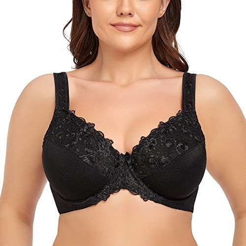 Ayigedu Women's Underwire Bra Non-Padded Floral Lace Plus Size Full Coverage Minimizer 34F Black