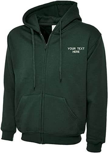Personalised Embroidered Your Text Classic Full Zip Hooded Sweatshirt Sports Casual Workwear Unisex Adult Gift Top(L, Bottle Green)