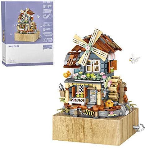 WWEI Creative Moc Windmill Music Box Architecture, 799Pcs Music Box Building Blocks for Kids and Adults, 4.1 x 4.1 x 5.1 Inch